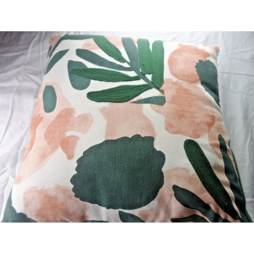 Pier‎ 1 Imports Embroidered Floral  Pillow 12X12, Cotton Stuffed Home Decor Palm